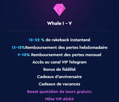 Niveau Whale – 22% rakeback, hôte VIP, free spins quotidiens
